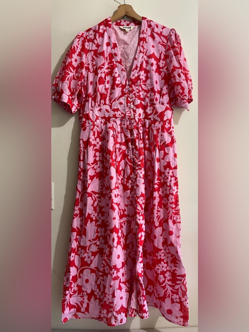 Boden Pink and Red Floral Button-Front Midi Dress
